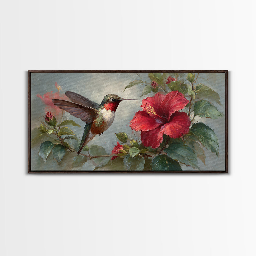 Hummingbird Visiting Bright Hibiscus Canvas Print, Patio Art, Metal Art, Patio Decor, Oil Painting, Outdoor, Patio Cushions, PAT-2x1-47