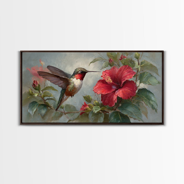 Hummingbird Visiting Bright Hibiscus Canvas Print, Patio Art, Metal Art, Patio Decor, Oil Painting, Outdoor, Patio Cushions, PAT-2x1-47