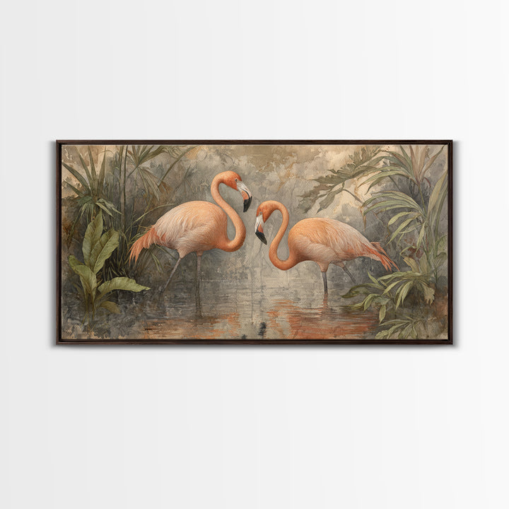 Flamingo Pair Beside Shallow Water Canvas Print, Patio Art, Contemporary Art, Patio Decor, Fine Art, Outdoor, Metal Art, PAT-2x1-54