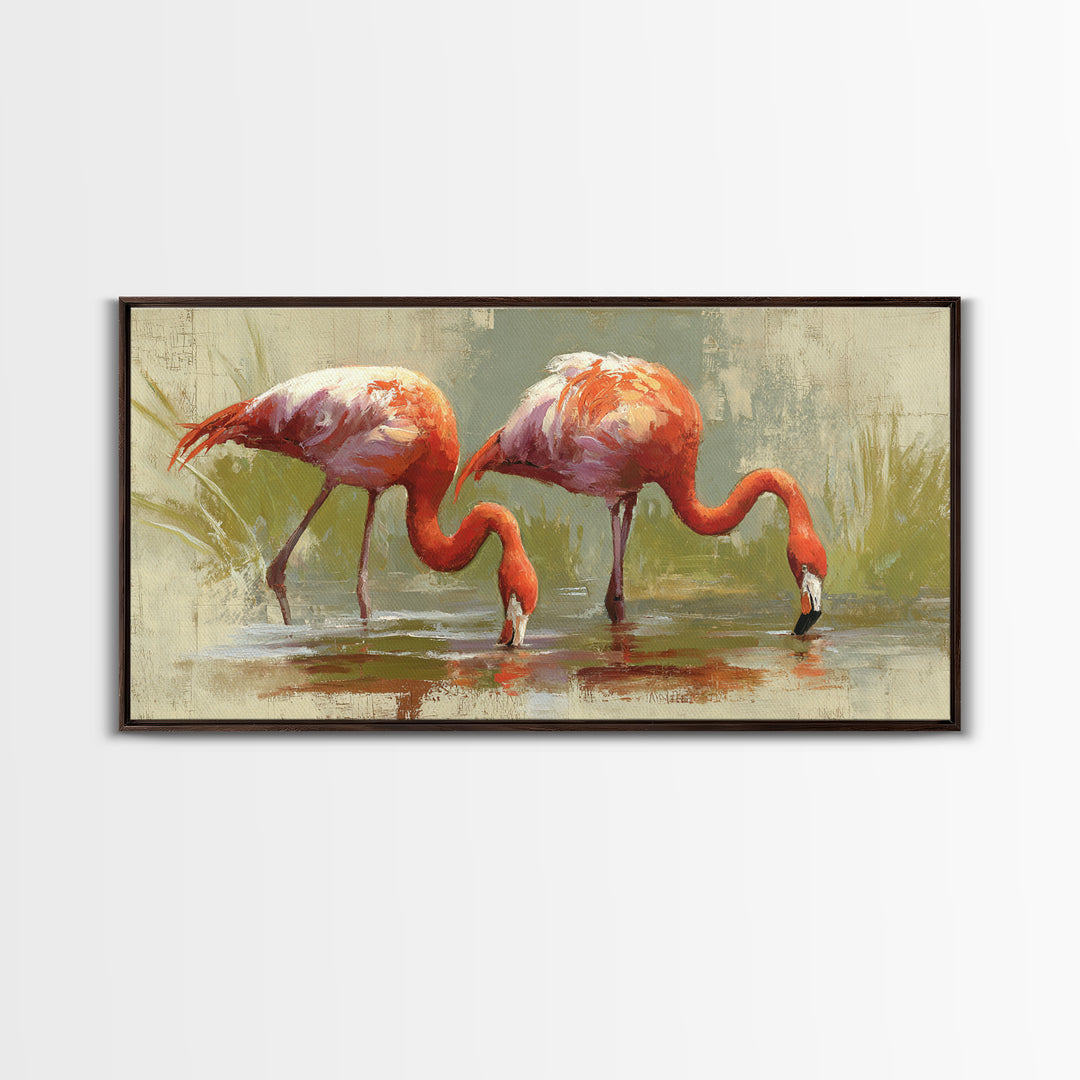Flamingo Pair Beside Shallow Water Framed Canvas Print, Patio Art, Luxury Decor, Patio Decor, Fine Art, Outdoor, Wall Hanging, PAT-2x1-6