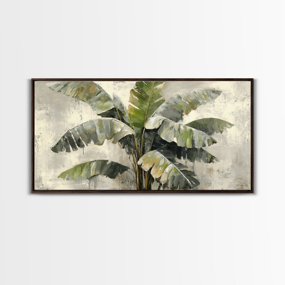 Banana Leaves with Rain Drop Details Framed Canvas Print, Patio Art, Wall Hanging, Patio Decor, Oil Painting, Outdoor, PAT-2x1-60