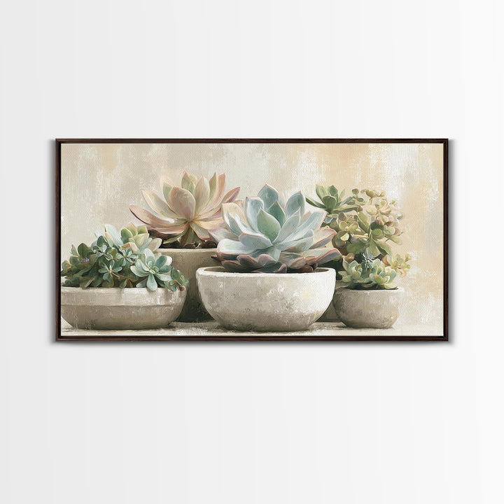 Succulent Collection in Ceramic Planters Framed Canvas Print, Patio Art, Metal Wall Art, Patio Decor, Abstract Art, Outdoor, PAT-2x1-65
