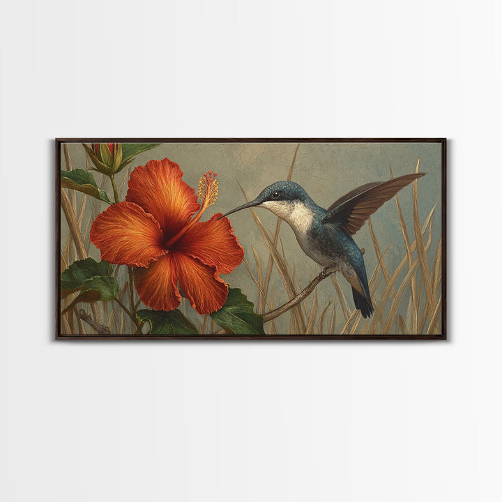 Hummingbird Visiting Bright Hibiscus Canvas Print, Patio Art, Lake House Decor, Patio Decor, Abstract Art, Outdoor, Boho Decor, PAT-2x1-71