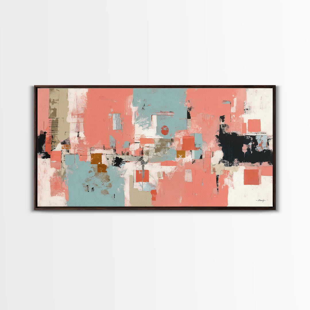 Bright Coral and Turquoise Abstract for Outdoors Framed Canvas Print, Patio Art, Bar Art, Patio Decor, Fine Art, Outdoor, PAT-2x1-80