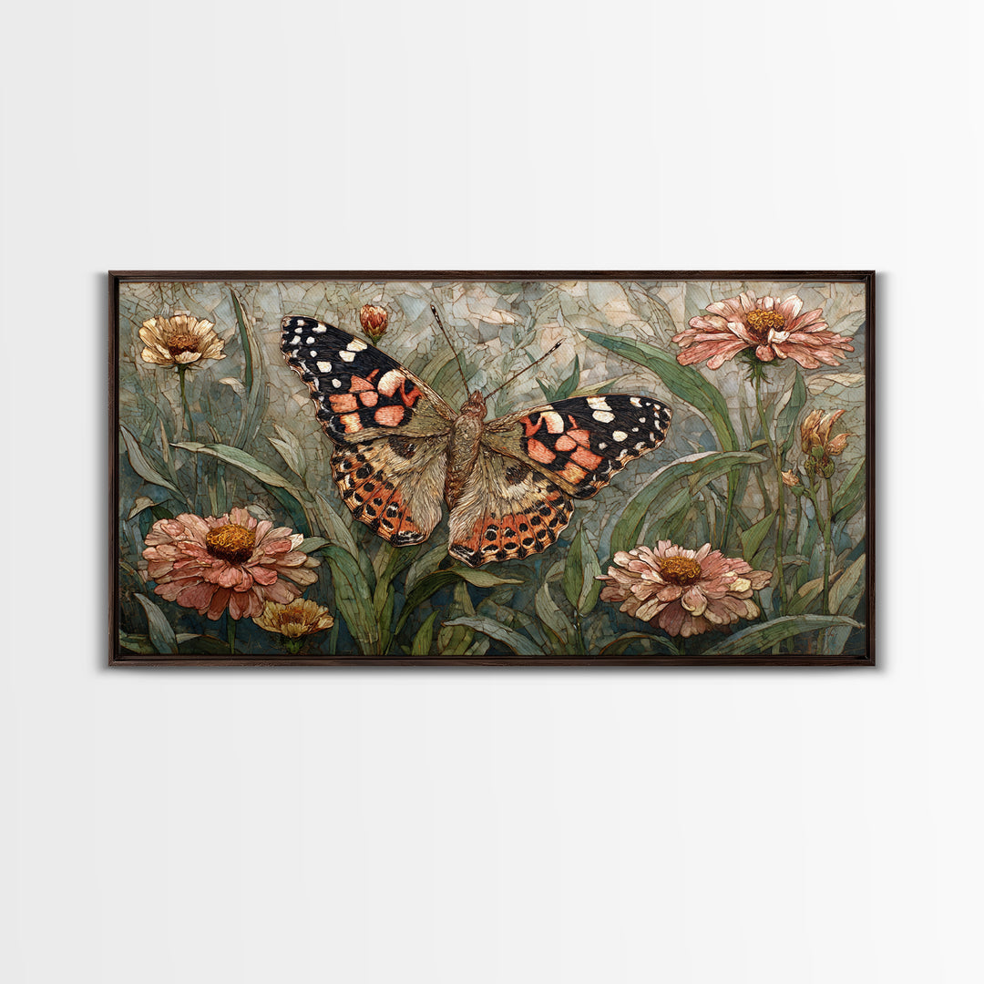 Butterfly Garden with Zinnias and Daisies Framed Canvas Print, Patio Art, Outdoor Wall Art, Patio Decor, Fine Art, Outdoor, PAT-2x1-81