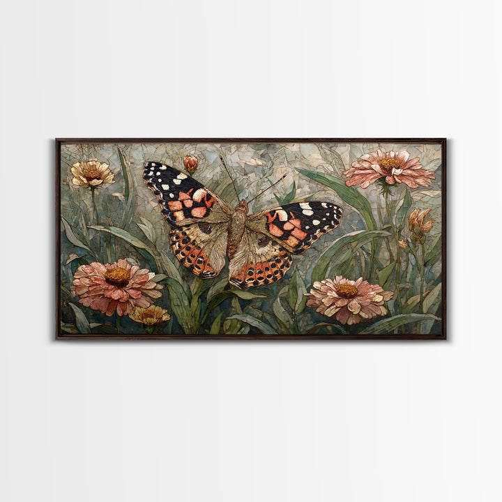 Butterfly Garden with Zinnias and Daisies Framed Canvas Print, Patio Art, Outdoor Wall Art, Patio Decor, Fine Art, Outdoor, PAT-2x1-81