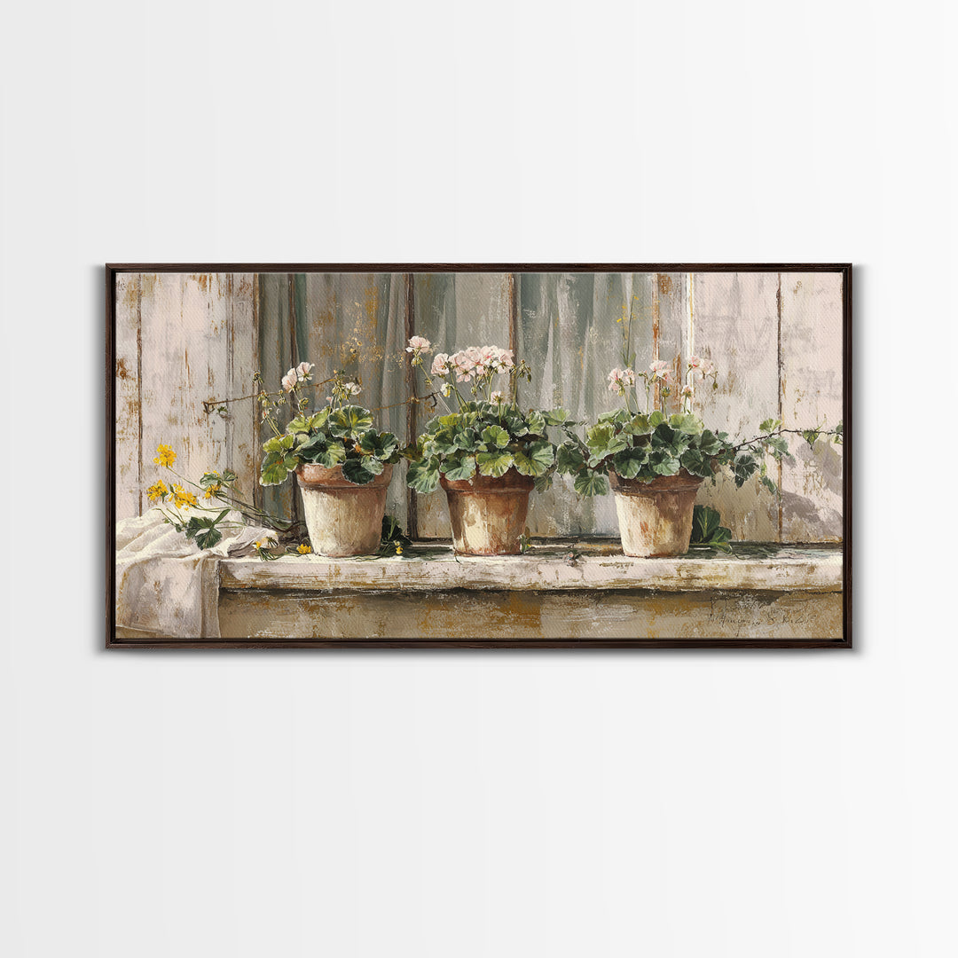Potted Geraniums in Rustic Clay Pots Canvas Print, Patio Art, Wall Art, Patio Decor, Fine Art, Outdoor, Outdoor Wall Decor, PAT-2x1-82