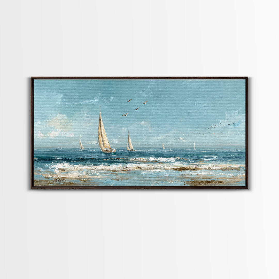 Sailboat on a Breezy Summer Horizon Framed Canvas Print, Patio Art, Contemporary Art, Patio Decor, Oil Painting, Outdoor, PAT-2x1-83