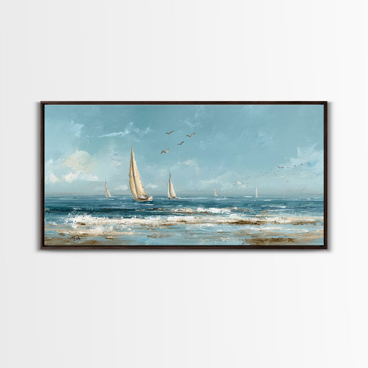 Sailboat on a Breezy Summer Horizon Framed Canvas Print, Patio Art, Contemporary Art, Patio Decor, Oil Painting, Outdoor, PAT-2x1-83