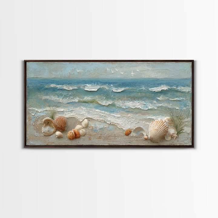 Beachy Shell and Palm Arrangement Framed Canvas Print, Patio Art, Porch Decor, Patio Decor, Fine Art, Outdoor, Fine Art Print, PAT-2x1-87