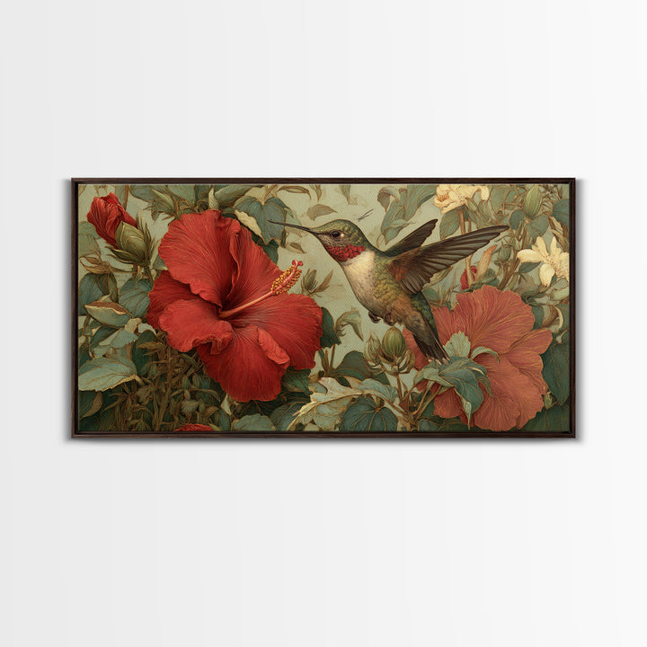 Hummingbird Visiting Bright Hibiscus Framed Canvas Print, Patio Art, Outdoor Art, Patio Decor, Fine Art, Outdoor, PAT-2x1-95