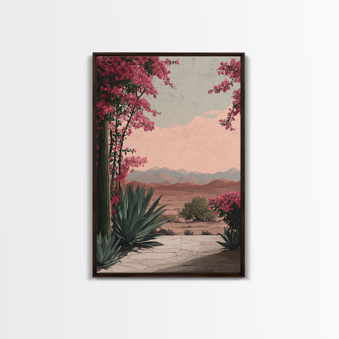 Desert Patio Agave and Bougainvillea Framed Canvas Print, Patio Art, Wall Art, Patio Decor, Oil Painting, Outdoor, PAT-2x3-1
