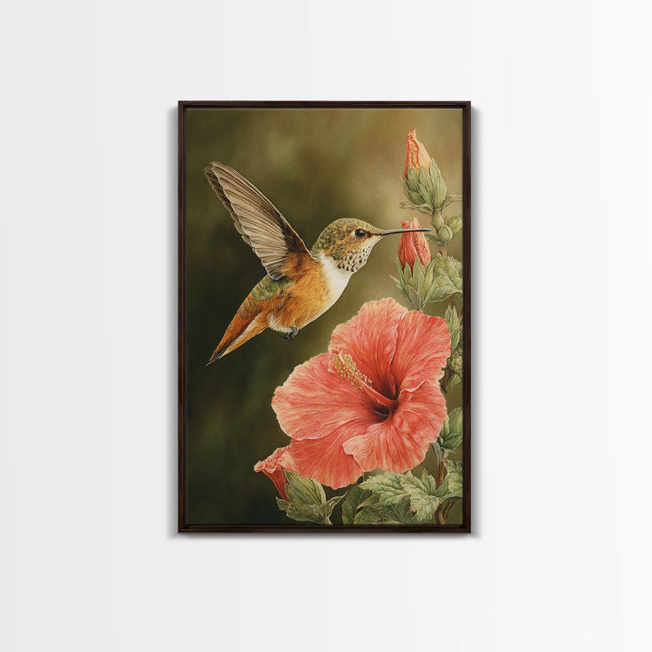 Hummingbird Visiting Bright Hibiscus Canvas Print, Patio Art, Patio, Patio Decor, Abstract Art, Outdoor, Minimalist Decor, PAT-2x3-11