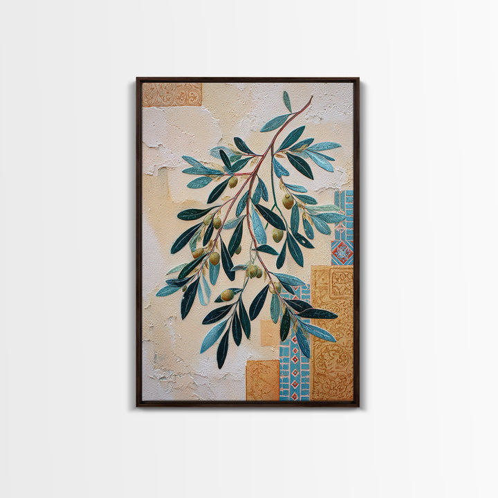 Olive Branch Wreath on Warm Plaster Framed Canvas Print, Patio Art, Outdoor Decor, Patio Decor, Fine Art, Outdoor, Bar Art, PAT-2x3-17