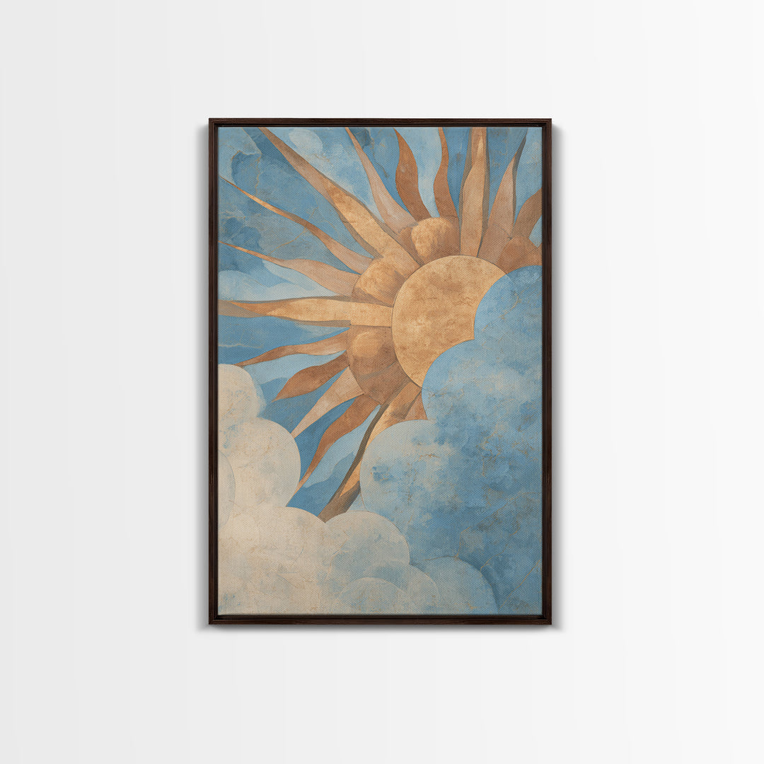 Sun Motif with Warm Terracotta Rays Framed Canvas Print, Patio Art, Boho Decor, Patio Decor, Abstract Art, Outdoor, PAT-2x3-2