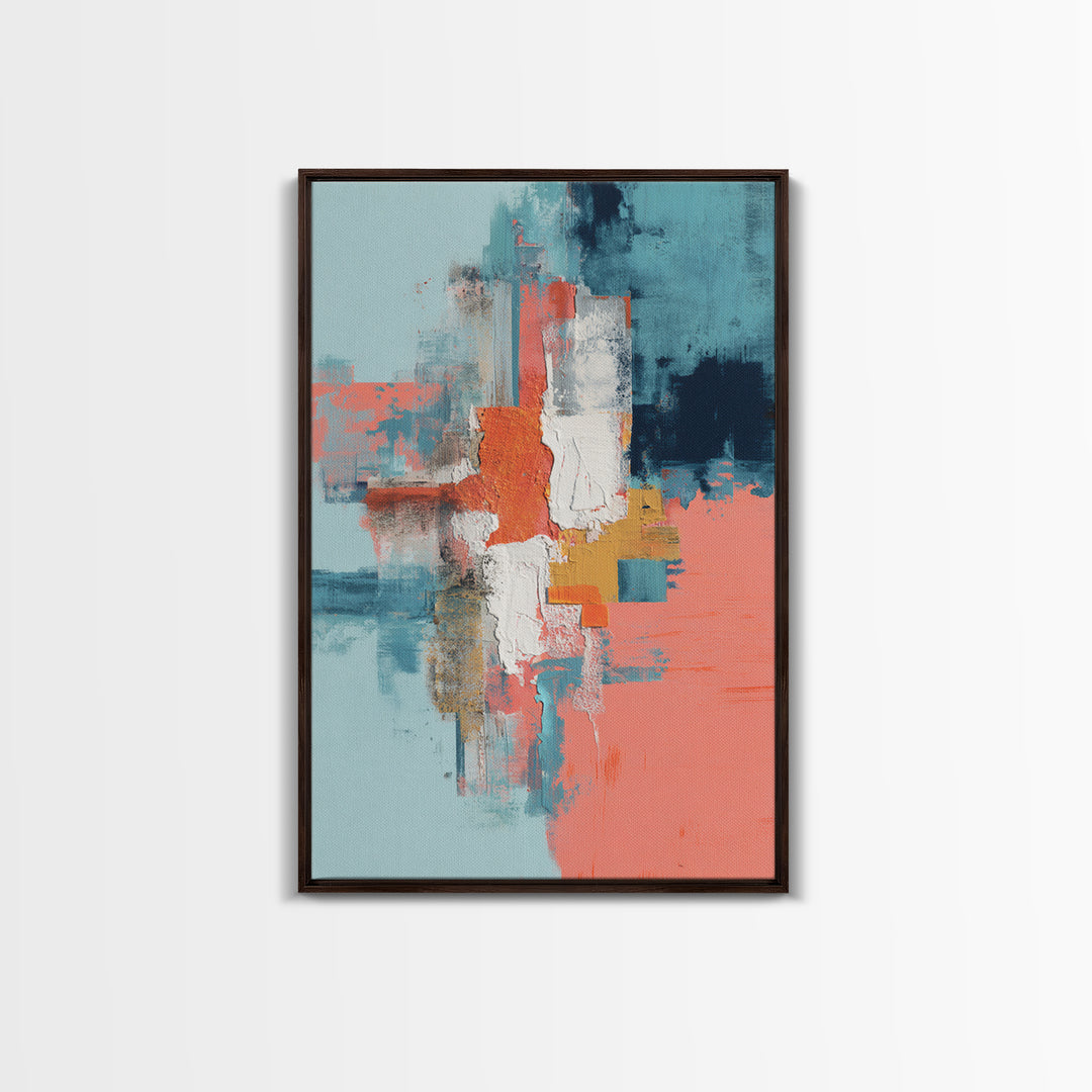 Bright Coral and Turquoise Abstract for Outdoors Framed Canvas Print, Patio Art, Wall Hanging, Patio Decor, Abstract Art, PAT-2x3-20