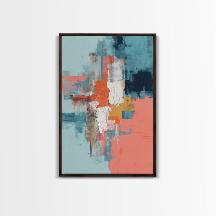 Bright Coral and Turquoise Abstract for Outdoors Framed Canvas Print, Patio Art, Wall Hanging, Patio Decor, Abstract Art, PAT-2x3-20