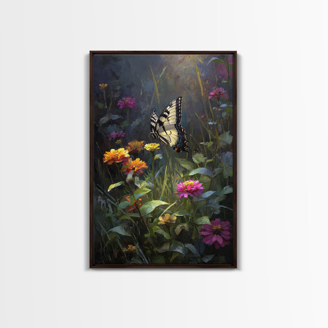 Butterfly Garden with Zinnias and Daisies Framed Canvas Print, Patio Art, Contemporary Art, Patio Decor, Fine Art, Outdoor, PAT-2x3-21