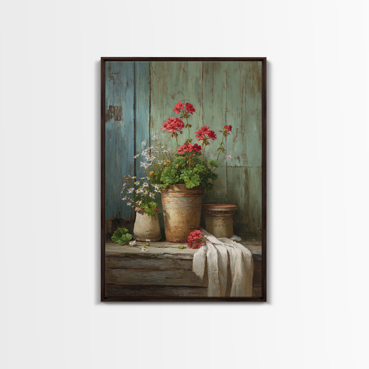 Potted Geraniums in Rustic Clay Pots Framed Canvas Print, Patio Art, Textured Painting, Patio Decor, Fine Art, Outdoor, PAT-2x3-22