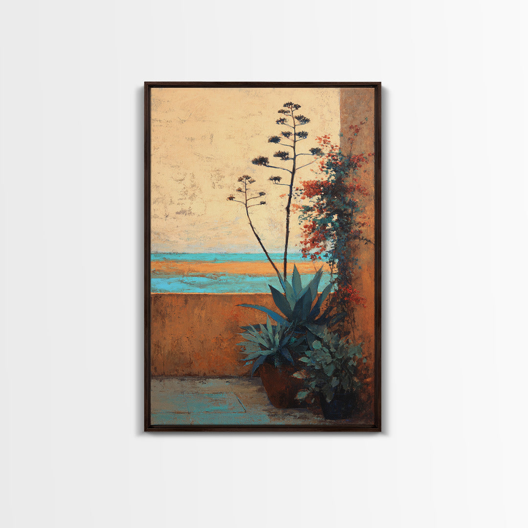 Desert Patio Agave and Bougainvillea Framed Canvas Print, Patio Art, Wall Art, Patio Decor, Oil Painting, Outdoor, PAT-2x3-25