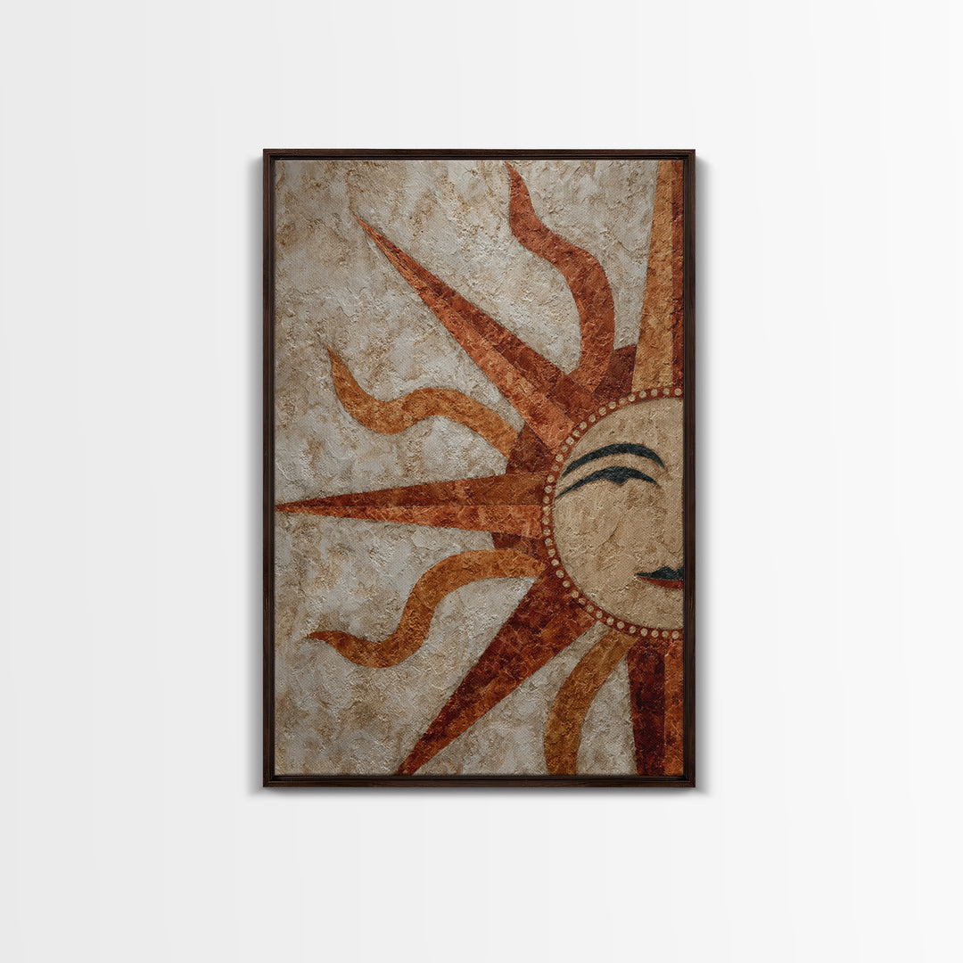 Sun Motif with Warm Terracotta Rays Framed Canvas Print, Patio Art, Boho Decor, Patio Decor, Abstract Art, Outdoor, PAT-2x3-26