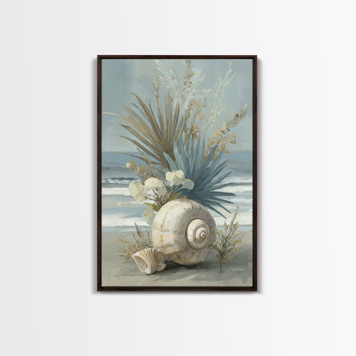 Beachy Shell and Palm Arrangement Framed Canvas Print, Patio Art, Rustic Decor, Patio Decor, Fine Art, Outdoor, PAT-2x3-3