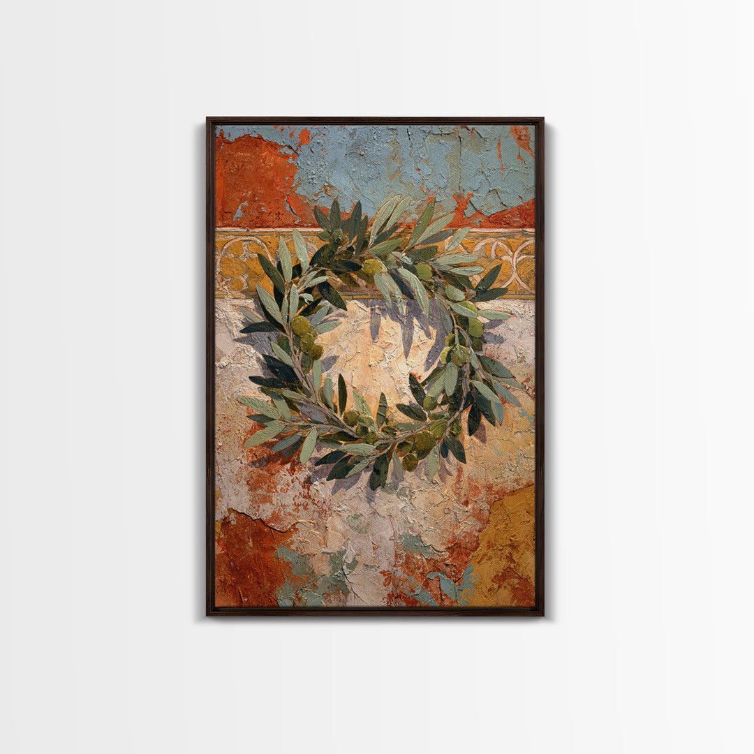 Olive Branch Wreath on Warm Plaster Framed Canvas Print, Patio Art, Outdoor Decor, Patio Decor, Fine Art, Outdoor, Bar Art, PAT-2x3-41