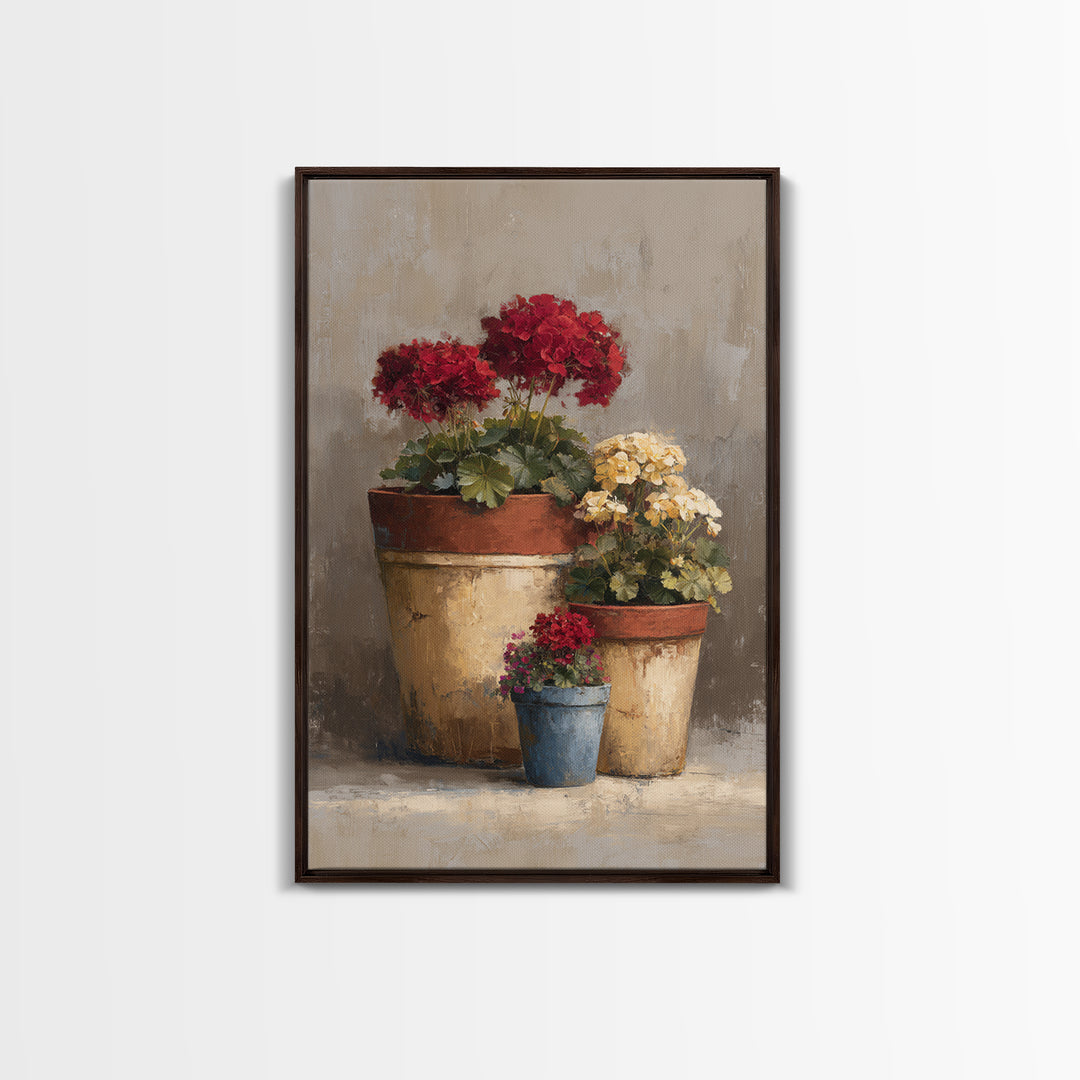 Potted Geraniums in Rustic Clay Pots Framed Canvas Print, Patio Art, Textured Painting, Patio Decor, Fine Art, Outdoor, PAT-2x3-46