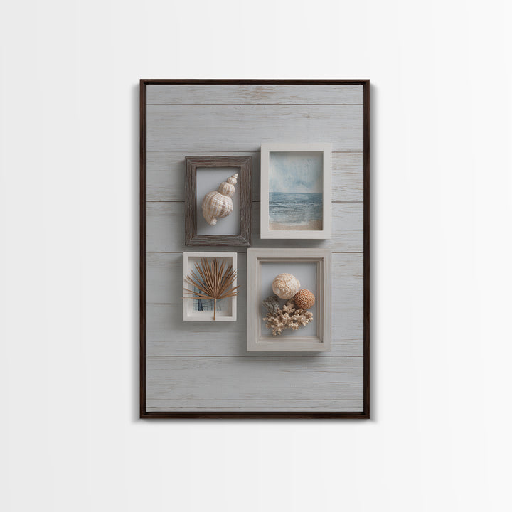 Beachy Shell and Palm Arrangement Framed Canvas Print, Patio Art, Room Decor, Patio Decor, Oil Painting, Outdoor, Garden Art, PAT-2x3-51