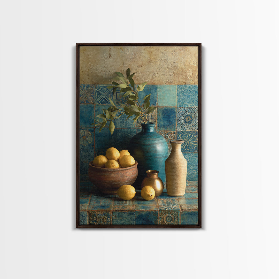 Mediterranean Lemons and Blue Tile Pattern Canvas Print, Patio Art, Metal Wall Art, Patio Decor, Outdoor, Coastal Wall Decor, PAT-2x3-58