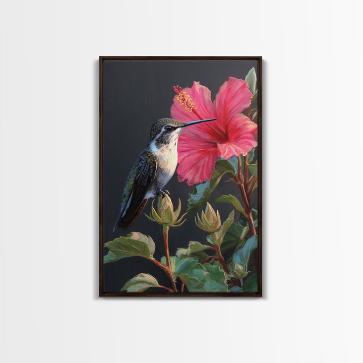 Hummingbird Visiting Bright Hibiscus Framed Canvas Print, Patio Art, Decor, Patio Decor, Oil Painting, Outdoor, PAT-2x3-59
