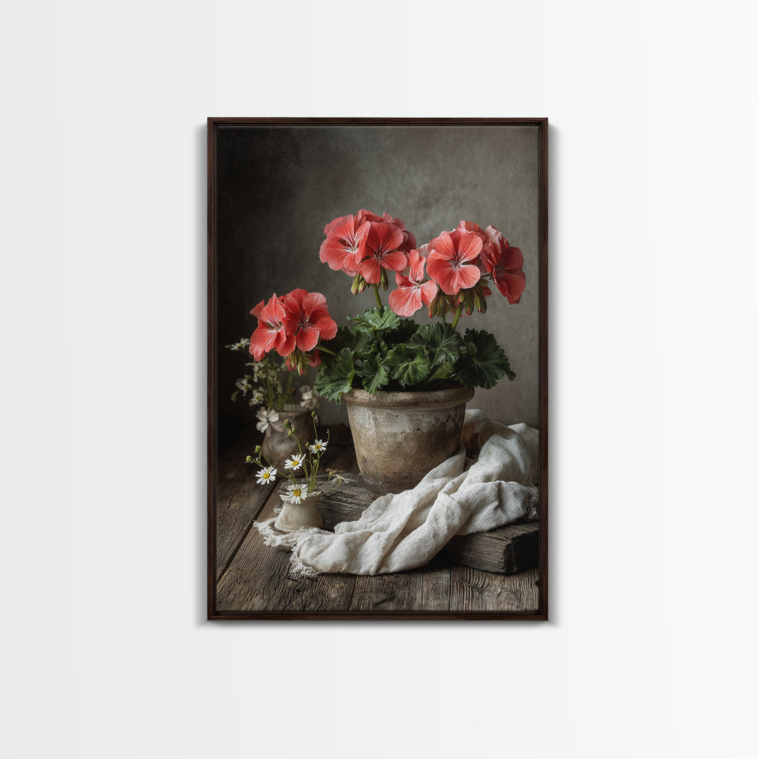 Potted Geraniums in Rustic Clay Pots Canvas Print, Patio Art, Wall Decor, Patio Decor, Fine Art, Outdoor, Coastal Decor, PAT-2x3-70