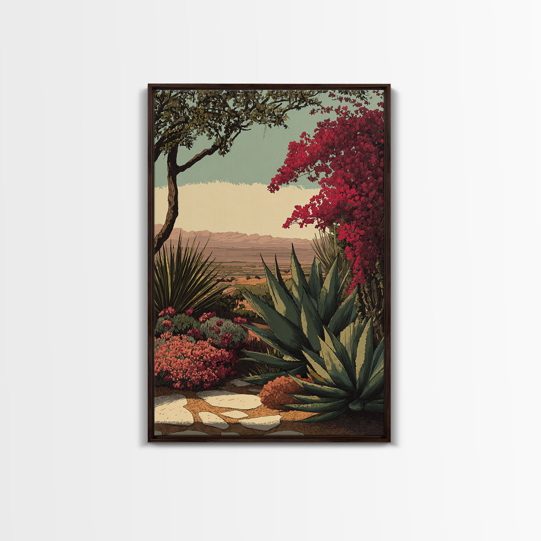 Desert Patio Agave and Bougainvillea Framed Canvas Print, Patio Art, Metal Art, Patio Decor, Fine Art, Outdoor, Patio Cushions, PAT-2x3-73