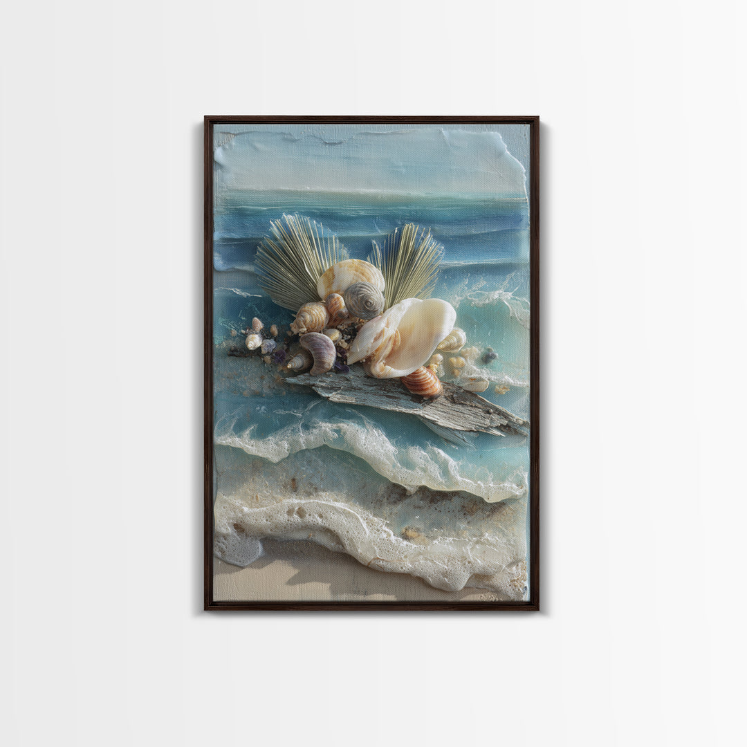 Beachy Shell and Palm Arrangement Framed Canvas Print, Patio Art, Garden Decor, Patio Decor, Fine Art, Outdoor, Beach Art, PAT-2x3-75