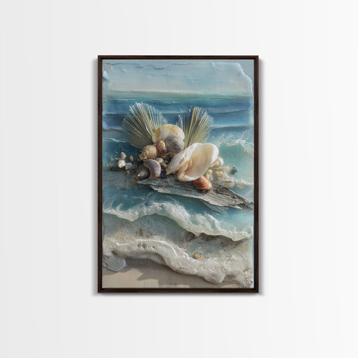 Beachy Shell and Palm Arrangement Framed Canvas Print, Patio Art, Garden Decor, Patio Decor, Fine Art, Outdoor, Beach Art, PAT-2x3-75