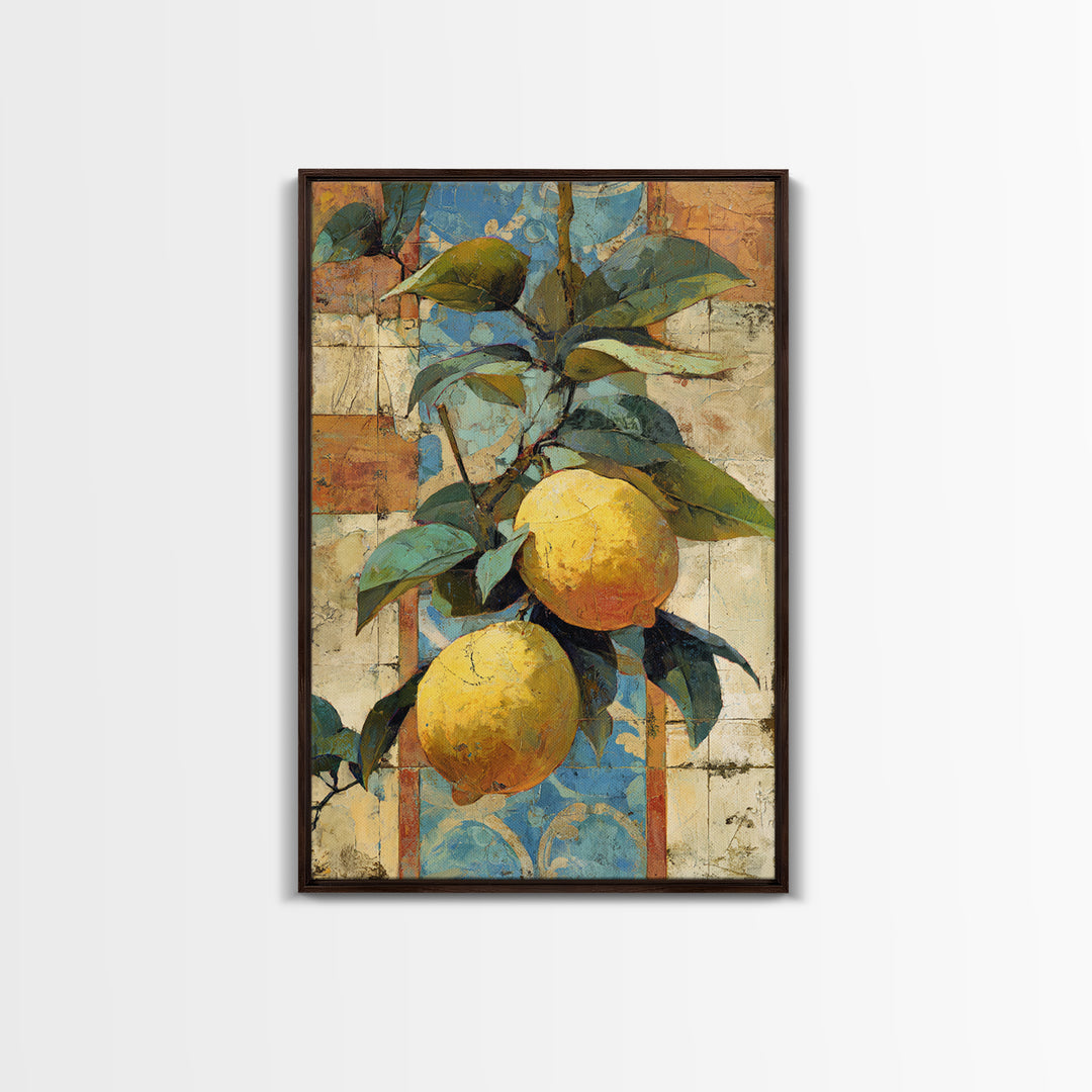Mediterranean Lemons and Blue Tile Pattern Canvas Print, Patio Art, Metal Wall Art, Patio Decor, Outdoor, Coastal Wall Decor, PAT-2x3-82