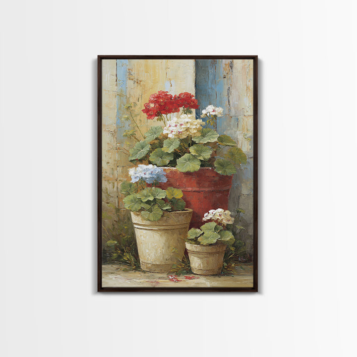 Potted Geraniums in Rustic Clay Pots Framed Canvas Print, Patio Art, Garden Art, Patio Decor, Outdoor, Beach House Decor, PAT-2x3-94