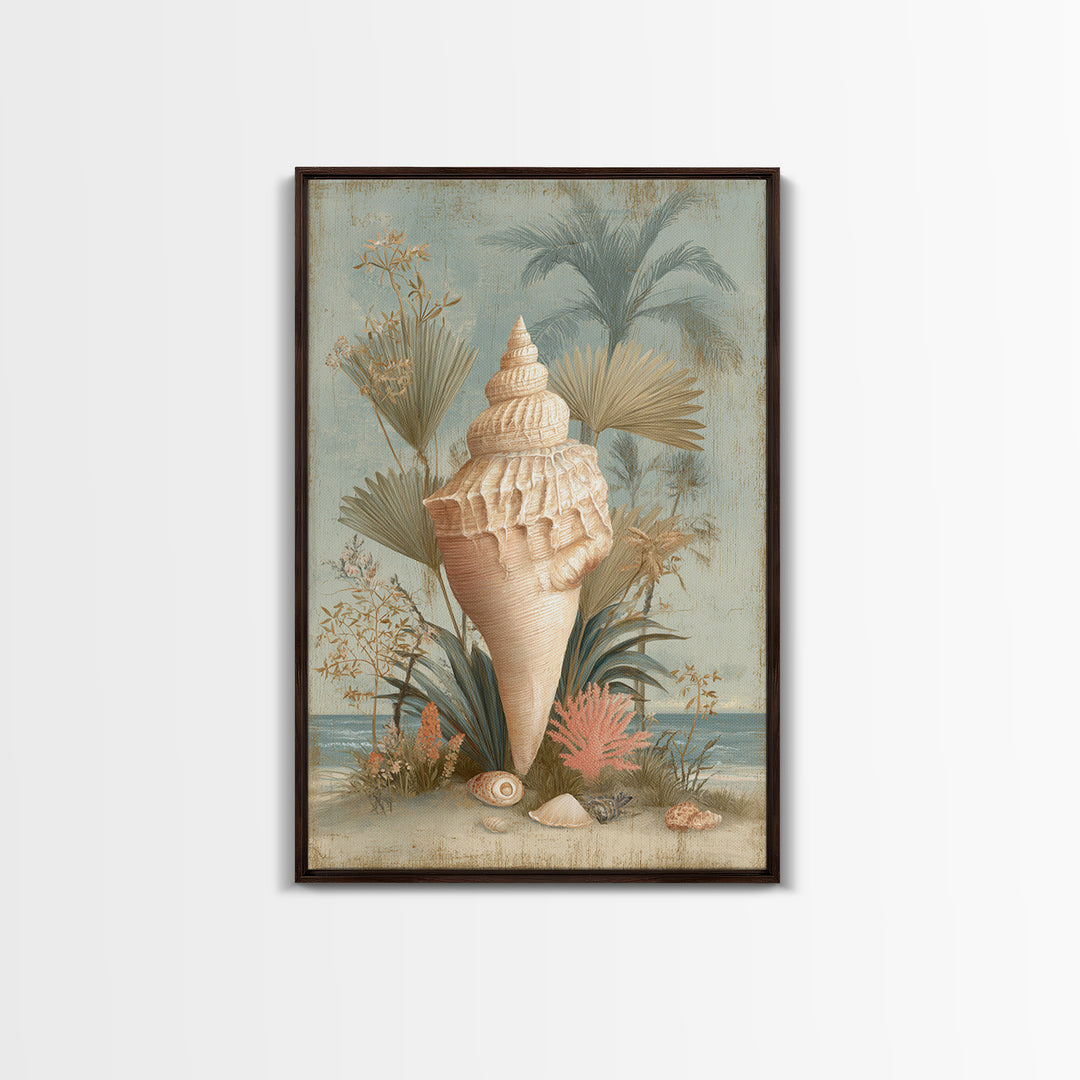 Beachy Shell and Palm Arrangement Canvas Print, Patio Art, Outdoor Wall Decor, Patio Decor, Fine Art, Outdoor, Yard Decor, PAT-2x3-99