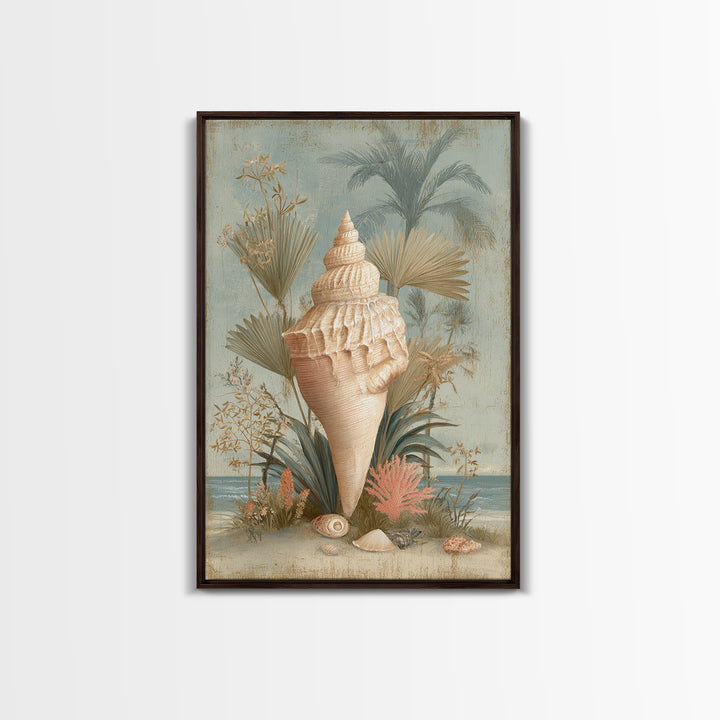 Beachy Shell and Palm Arrangement Canvas Print, Patio Art, Outdoor Wall Decor, Patio Decor, Fine Art, Outdoor, Yard Decor, PAT-2x3-99