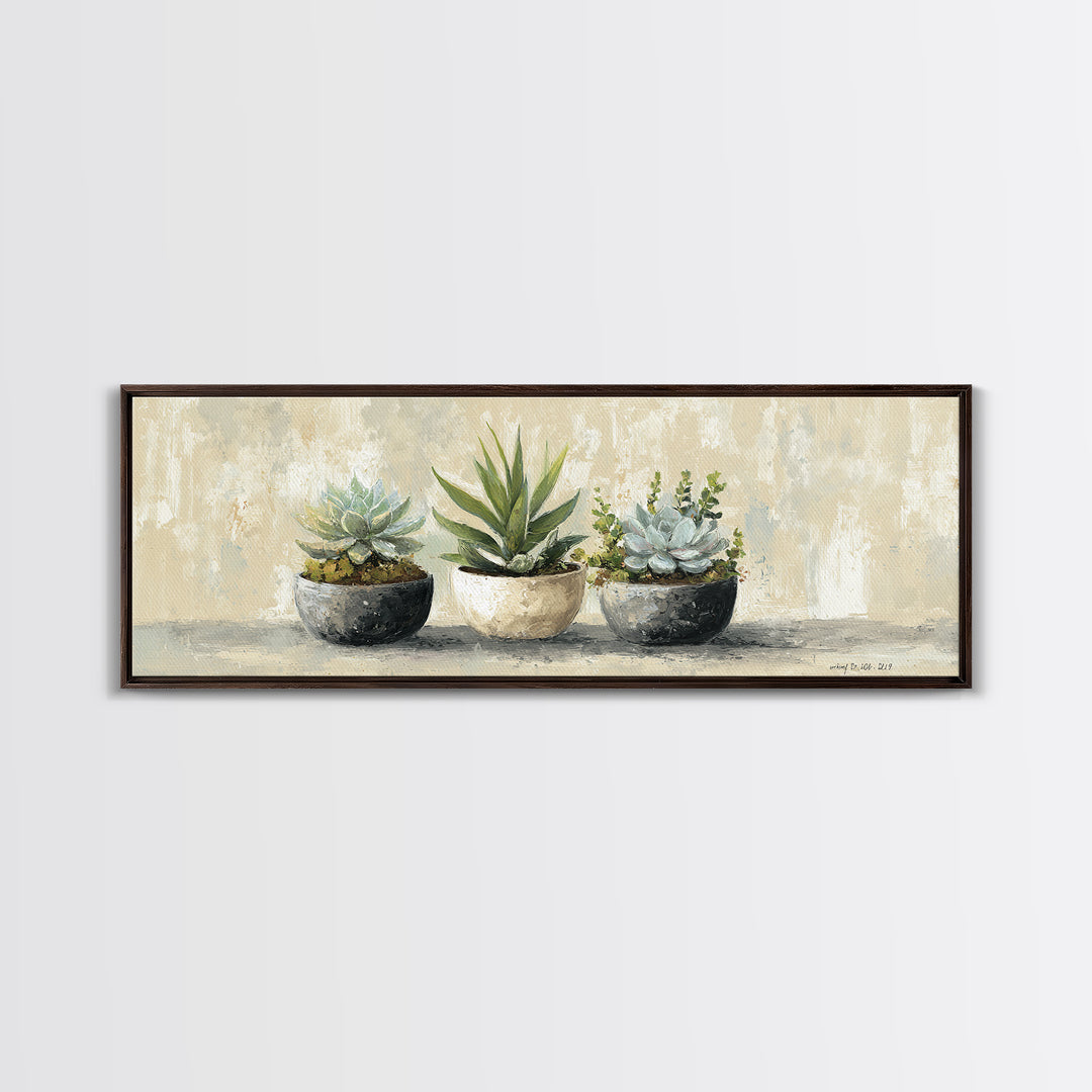 Succulent Collection in Ceramic Planters Canvas Print, Patio Art, Yard Art, Patio Decor, Fine Art, Outdoor, Lake House Decor, PAT-3x1-13