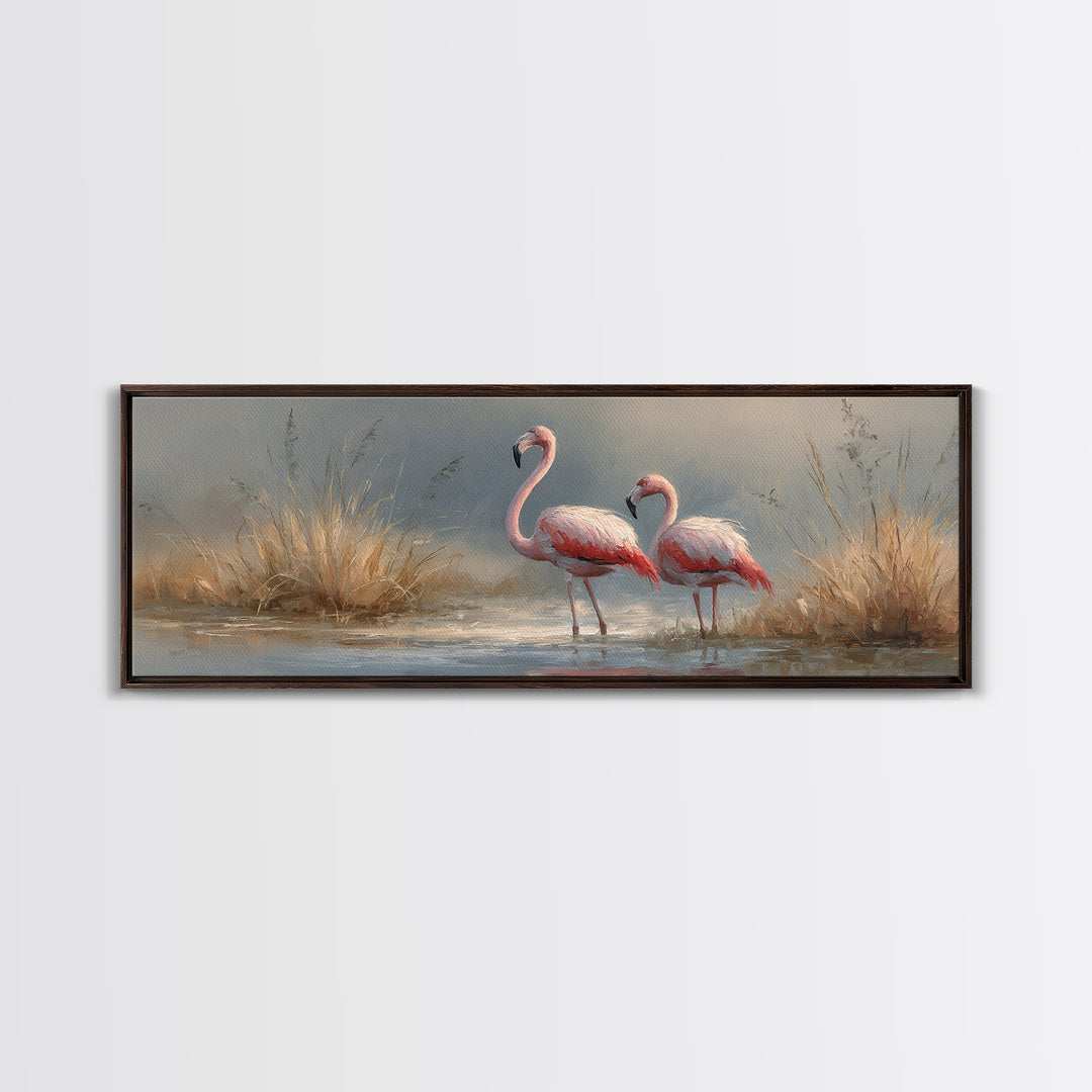 Flamingo Pair Beside Shallow Water Framed Canvas Print, Patio Art, Metal Wall Art, Patio Decor, Outdoor, Coastal Wall Decor, PAT-3x1-2
