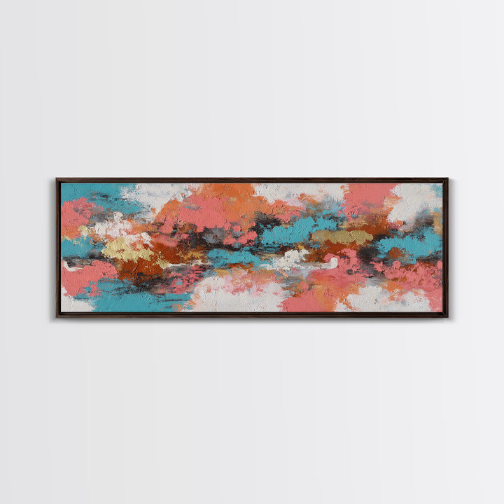 Bright Coral and Turquoise Abstract for Outdoors Framed Canvas Print, Patio Art, Rustic Decor, Patio Decor, Abstract Art, PAT-3x1-28