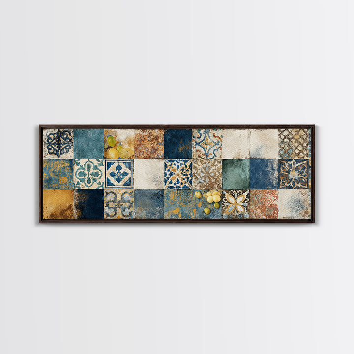 Mediterranean Lemons and Blue Tile Pattern Canvas Print, Patio Art, Coastal Decor, Patio Decor, Outdoor, Family Wall Art, PAT-3x1-42