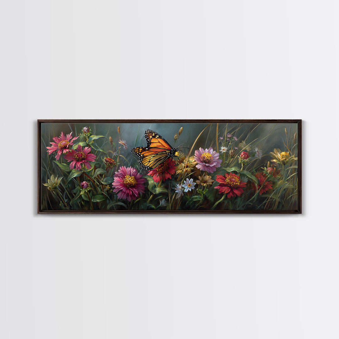 Butterfly Garden with Zinnias and Daisies Framed Canvas Print, Patio Art, Outdoor Wall Art, Patio Decor, Fine Art, Outdoor, PAT-3x1-5