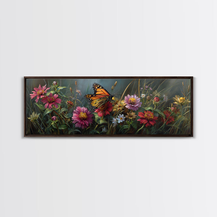 Butterfly Garden with Zinnias and Daisies Framed Canvas Print, Patio Art, Outdoor Wall Art, Patio Decor, Fine Art, Outdoor, PAT-3x1-5