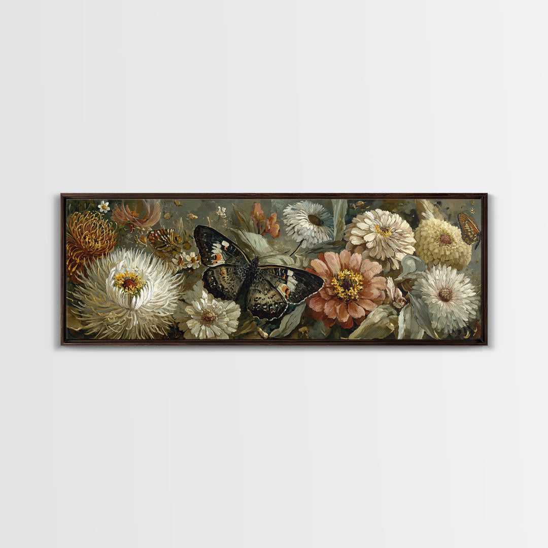Butterfly Garden with Zinnias and Daisies Framed Canvas Print, Patio Art, Beach House Decor, Patio Decor, Oil Painting, Outdoor, PAT-3x1-53