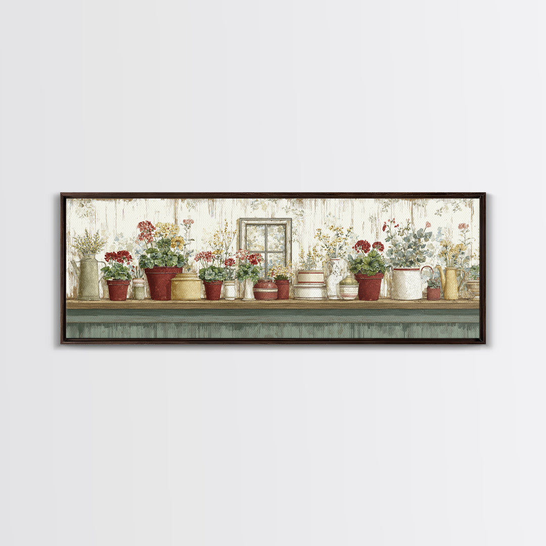 Potted Geraniums in Rustic Clay Pots Canvas Print, Patio Art, Lake House Decor, Patio Decor, Fine Art, Outdoor, Boho Decor, PAT-3x1-54