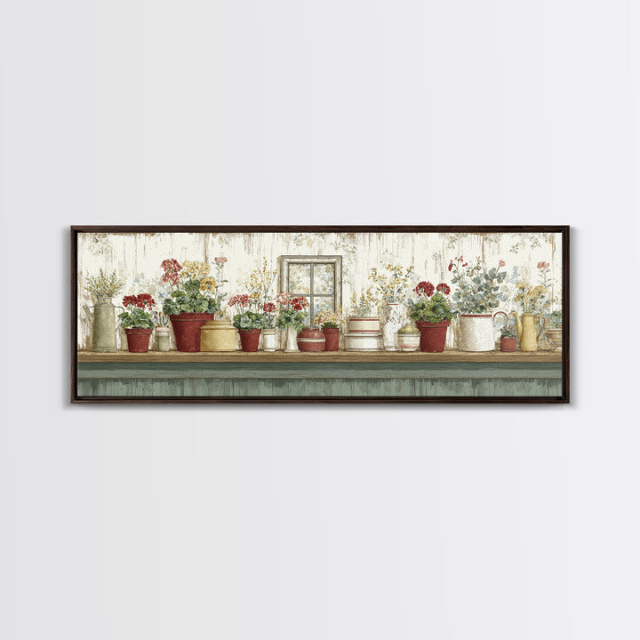 Potted Geraniums in Rustic Clay Pots Canvas Print, Patio Art, Lake House Decor, Patio Decor, Fine Art, Outdoor, Boho Decor, PAT-3x1-54