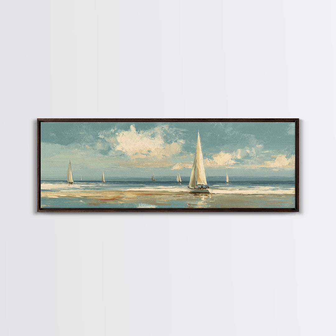 Sailboat on a Breezy Summer Horizon Framed Canvas Print, Patio Art, Contemporary Art, Patio Decor, Oil Painting, Outdoor, PAT-3x1-55