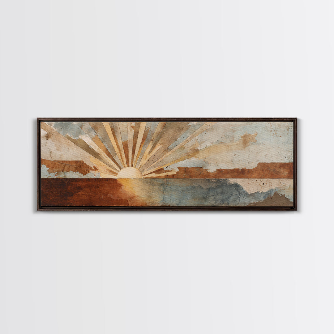 Sun Motif with Warm Terracotta Rays Framed Canvas Print, Patio Art, Outdoor Wall Decor, Patio Decor, Fine Art, Outdoor, PAT-3x1-58